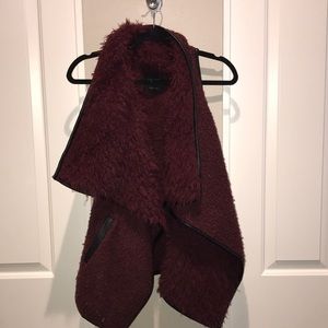 Maroon Faux Fur Lined Cardigan Vest, Leather Trim